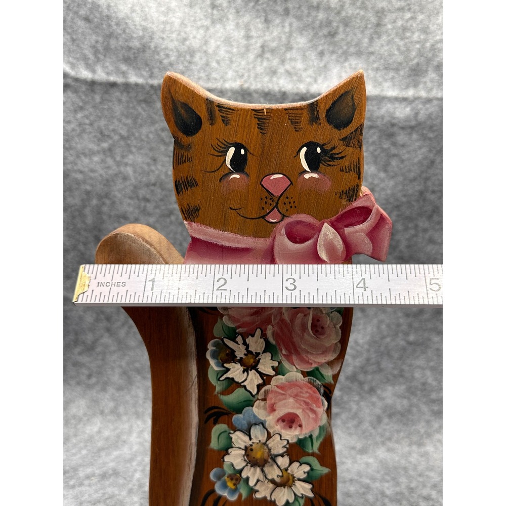 Vintage Hand Painted Wooden Cat Wall Pocket Letter Holder Floral Folk Art Brown - Picture 4 of 6